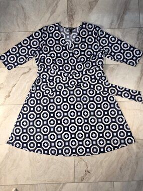 INC Plus 2X Faux Wrap Dress Blue Geometric Stretch Belted